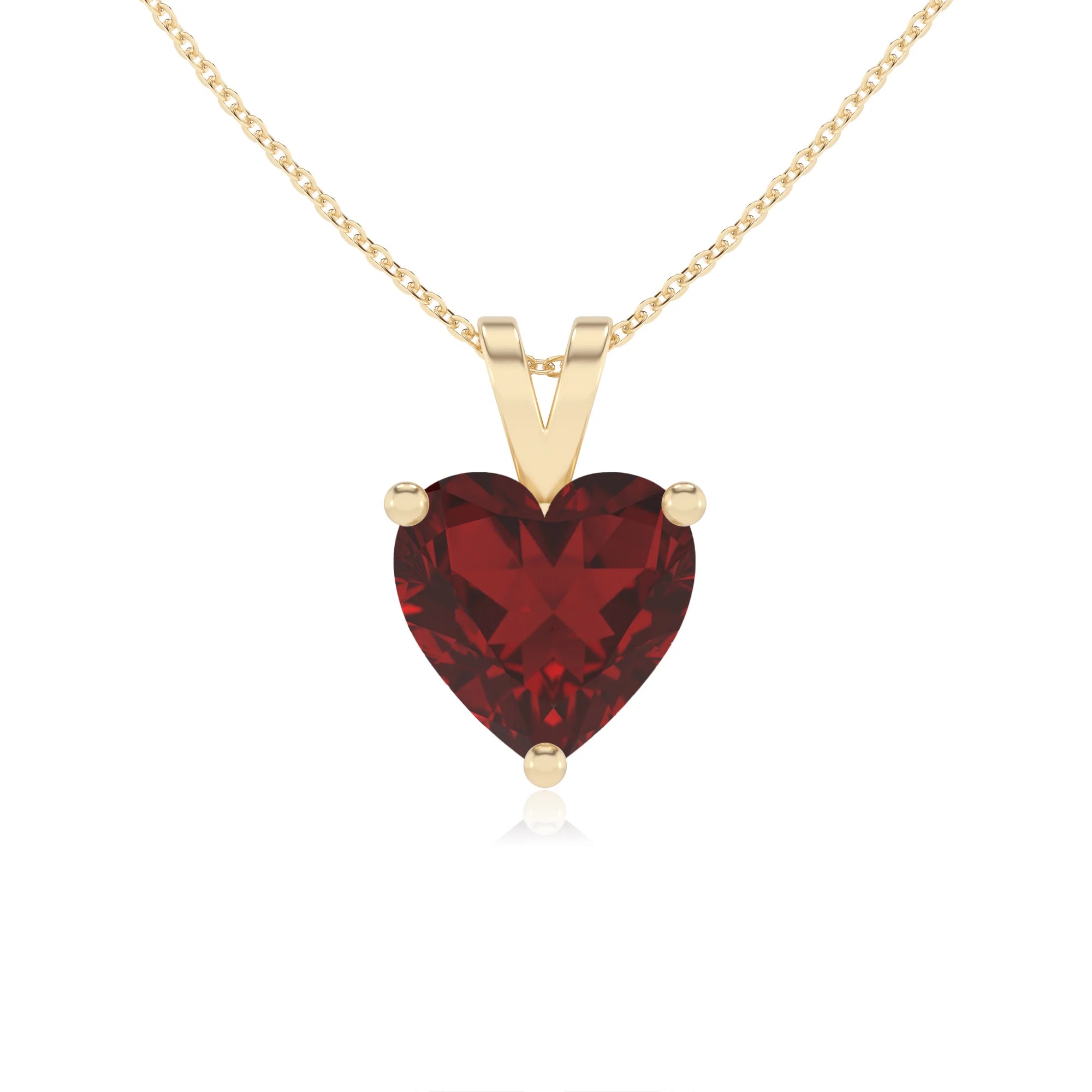 natural garnet heart solitaire v-bale necklaces in yellow gold 