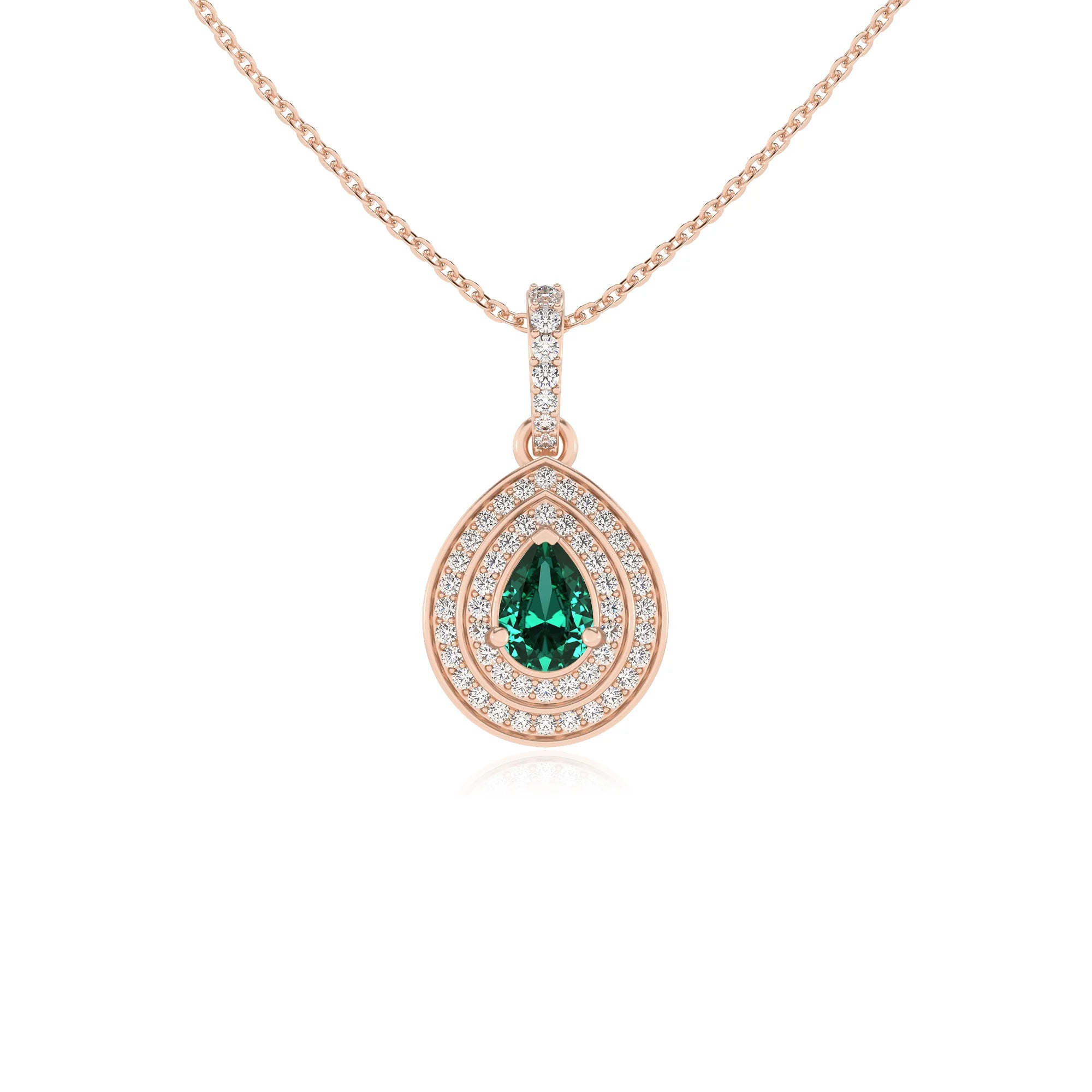lab grown emerald pear halo necklaces in rose gold 