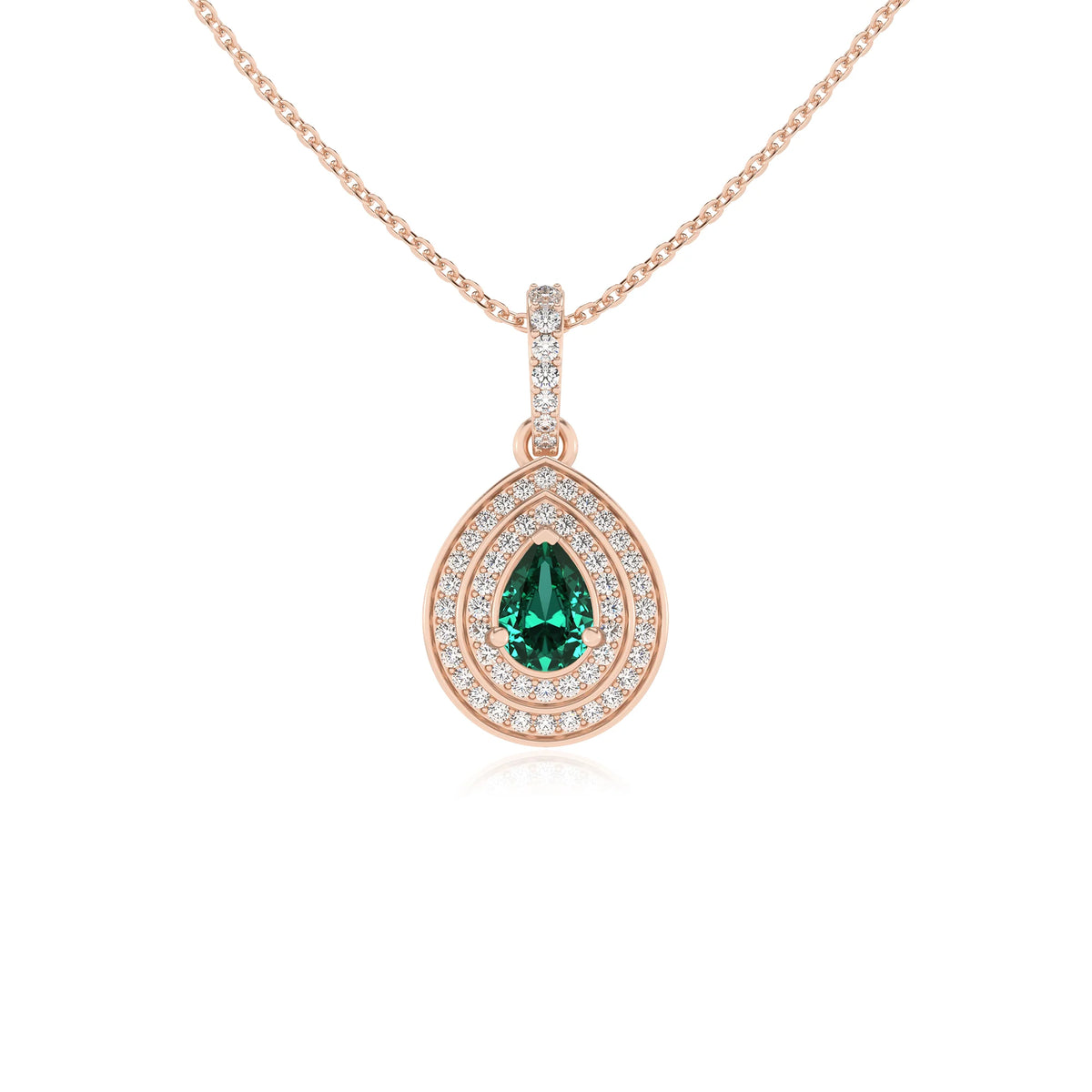 lab grown emerald pear halo necklaces in rose gold 