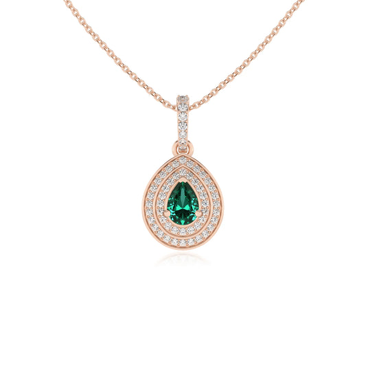 lab grown emerald pear halo necklaces in rose gold 