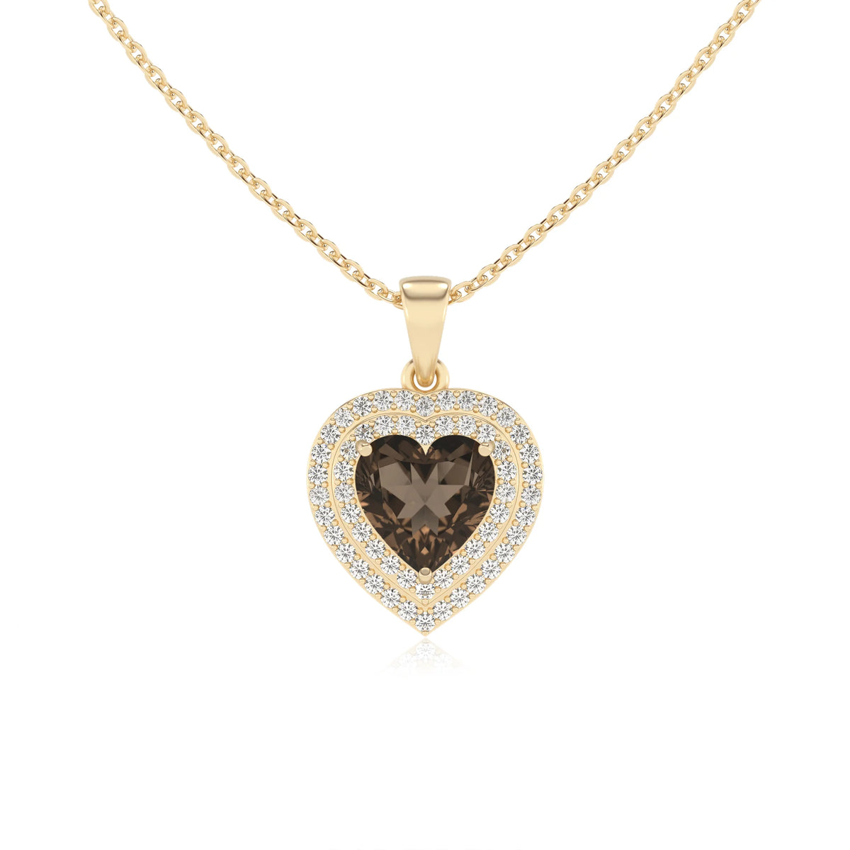 natural smoky quartz heart halo necklaces in yellow gold 
