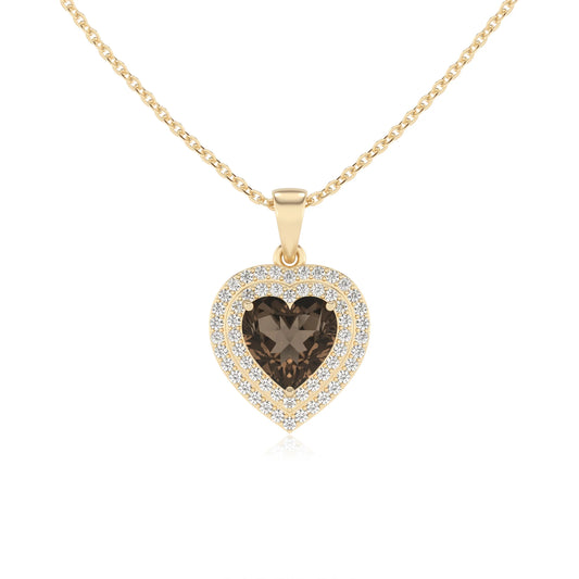 natural smoky quartz heart halo necklaces in yellow gold 
