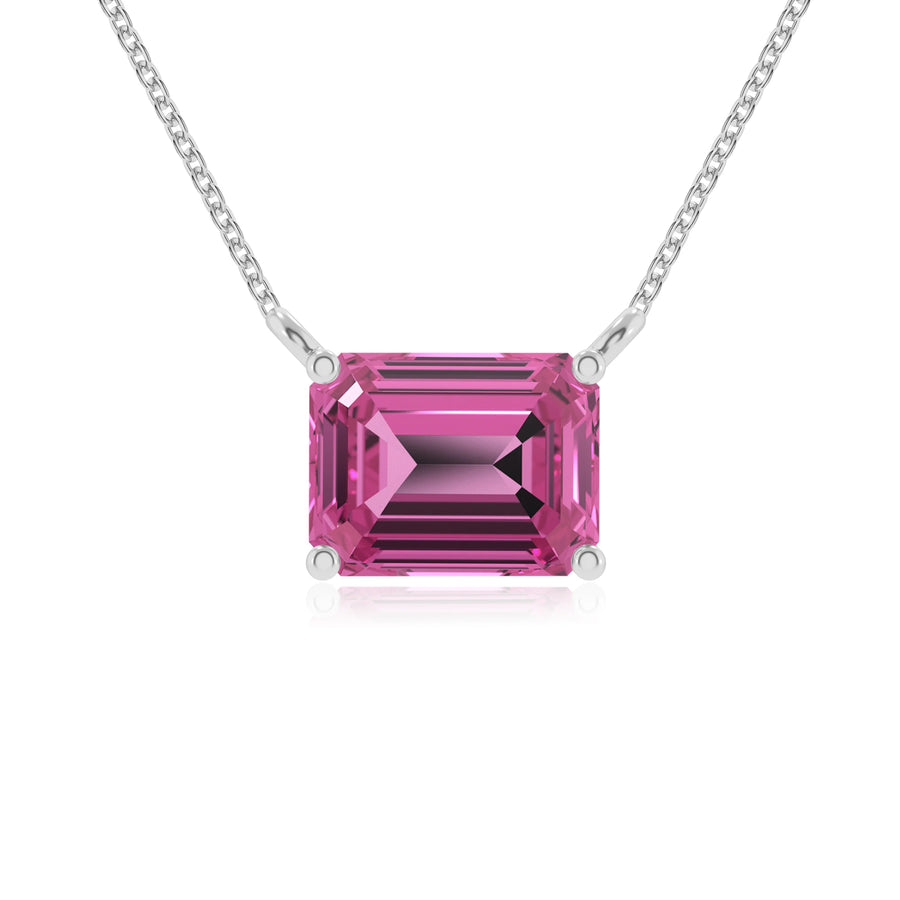 lab grown pink-sapphire emerald cut solitaire necklaces in white gold 