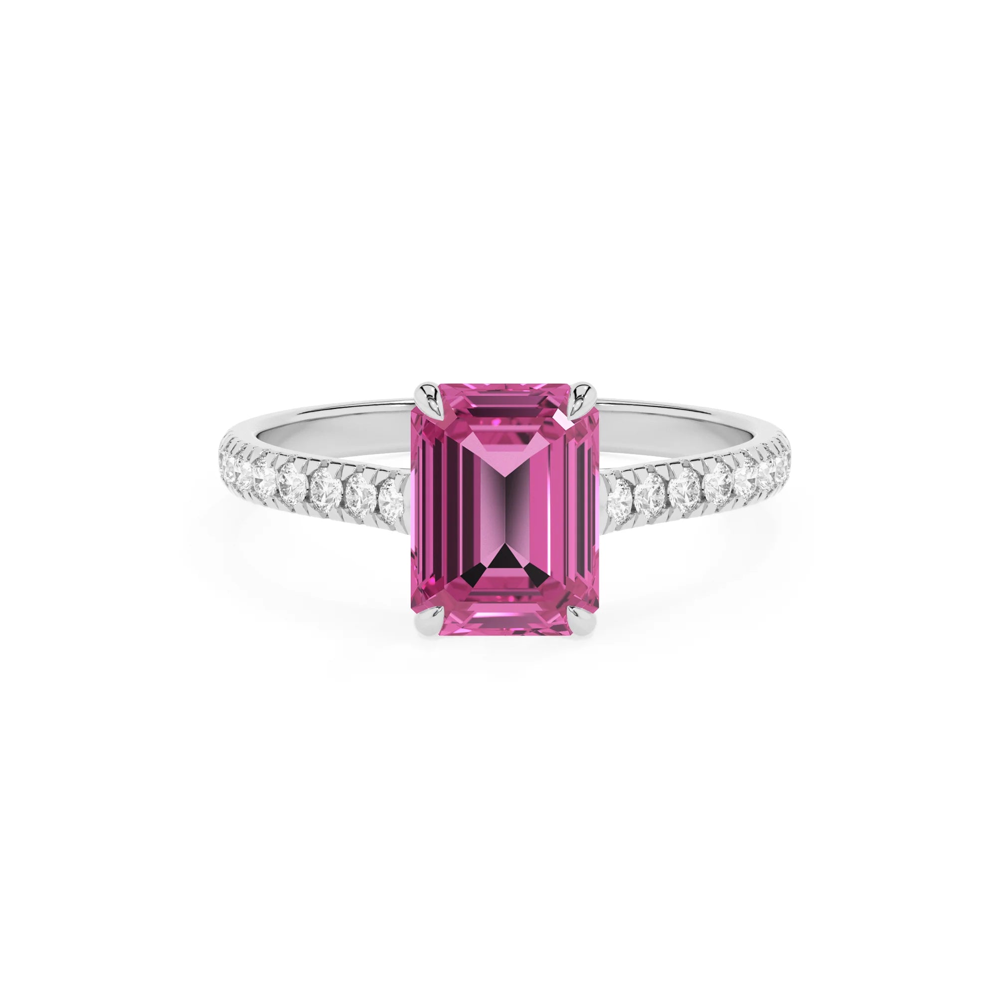 lab grown pink-sapphire emerald cut half eternity solitaire engagement rings in white gold 