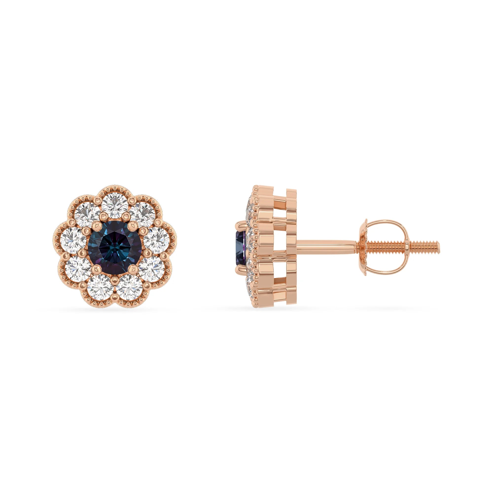 lab grown alexandrite round stud earrings in rose gold 