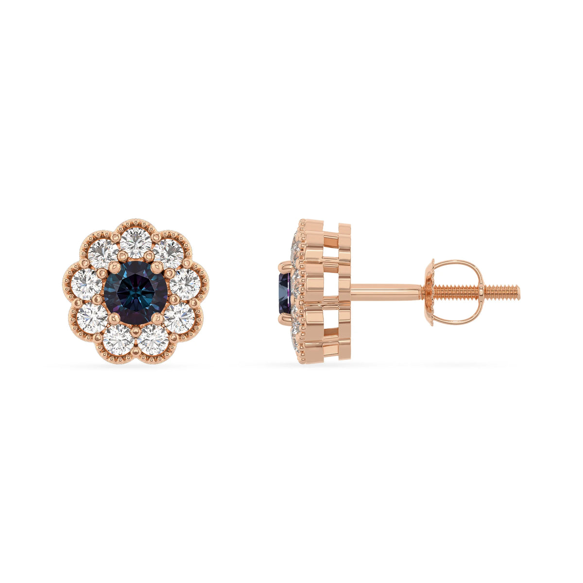 lab grown alexandrite round stud earrings in rose gold 