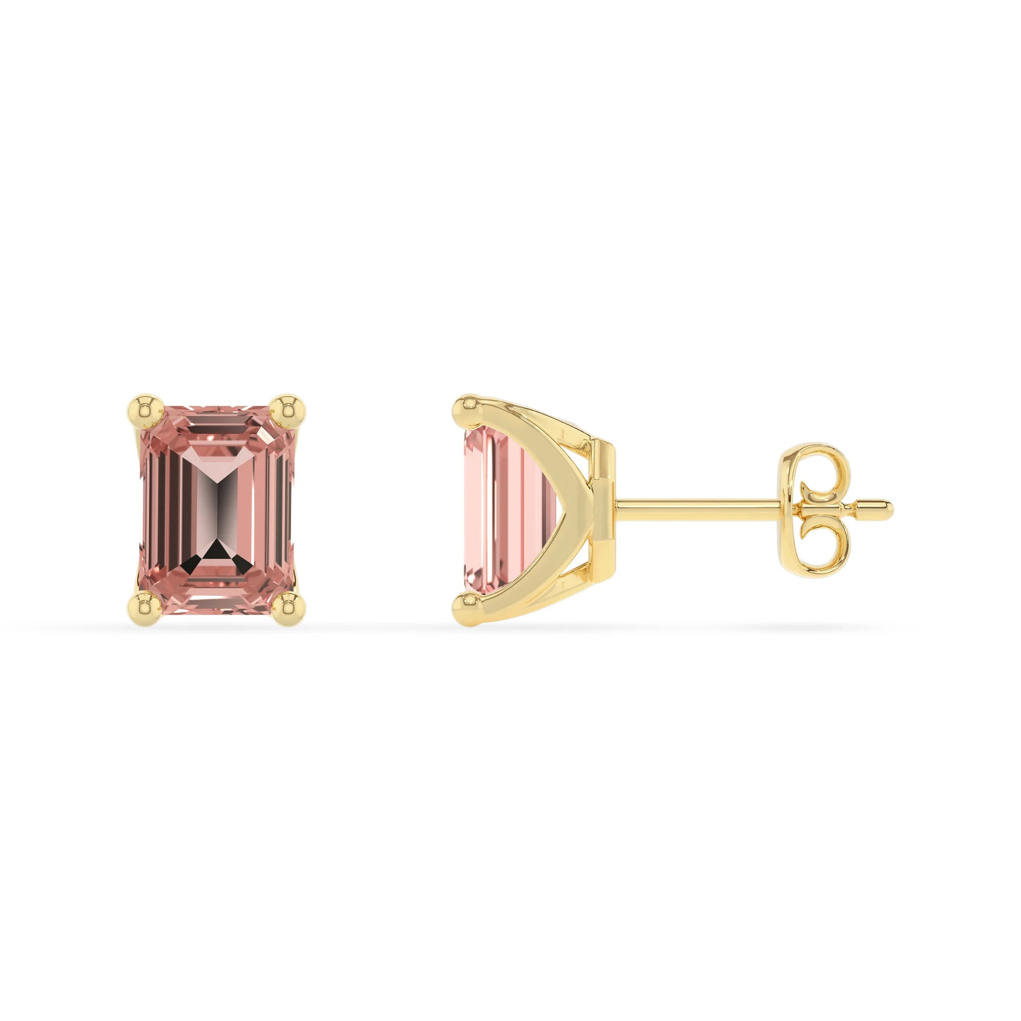 lab grown morganite emerald cut stud earrings in yellow gold 