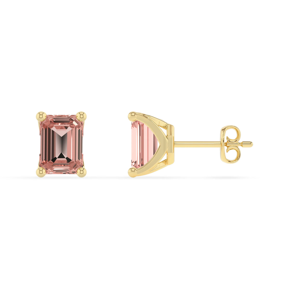 lab grown morganite emerald cut stud earrings in yellow gold 