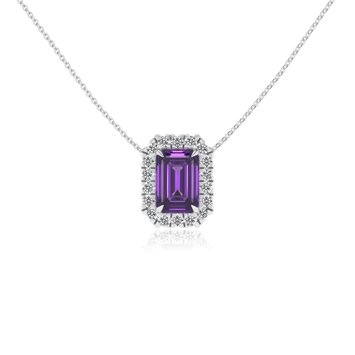 lab grown amethyst emerald cut solitaire necklaces in white gold 