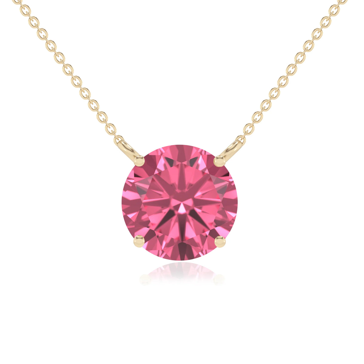 lab grown pink-tourmaline round solitaire necklaces in yellow gold 