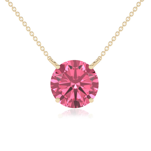 lab grown pink-tourmaline round solitaire necklaces in yellow gold 