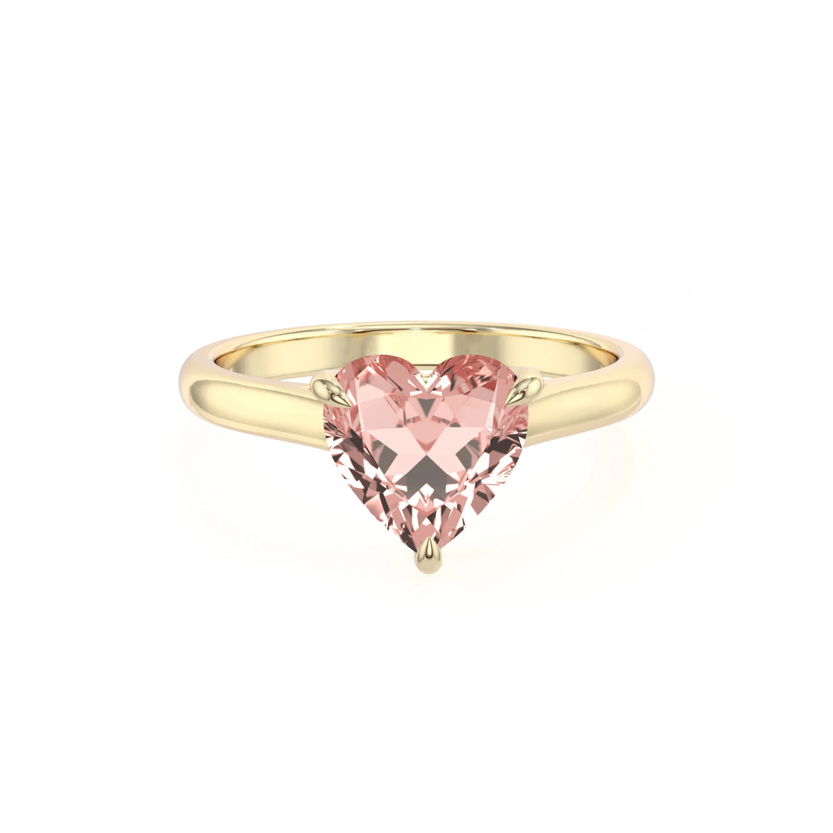 lab grown morganite heart solitaire rings in yellow gold 