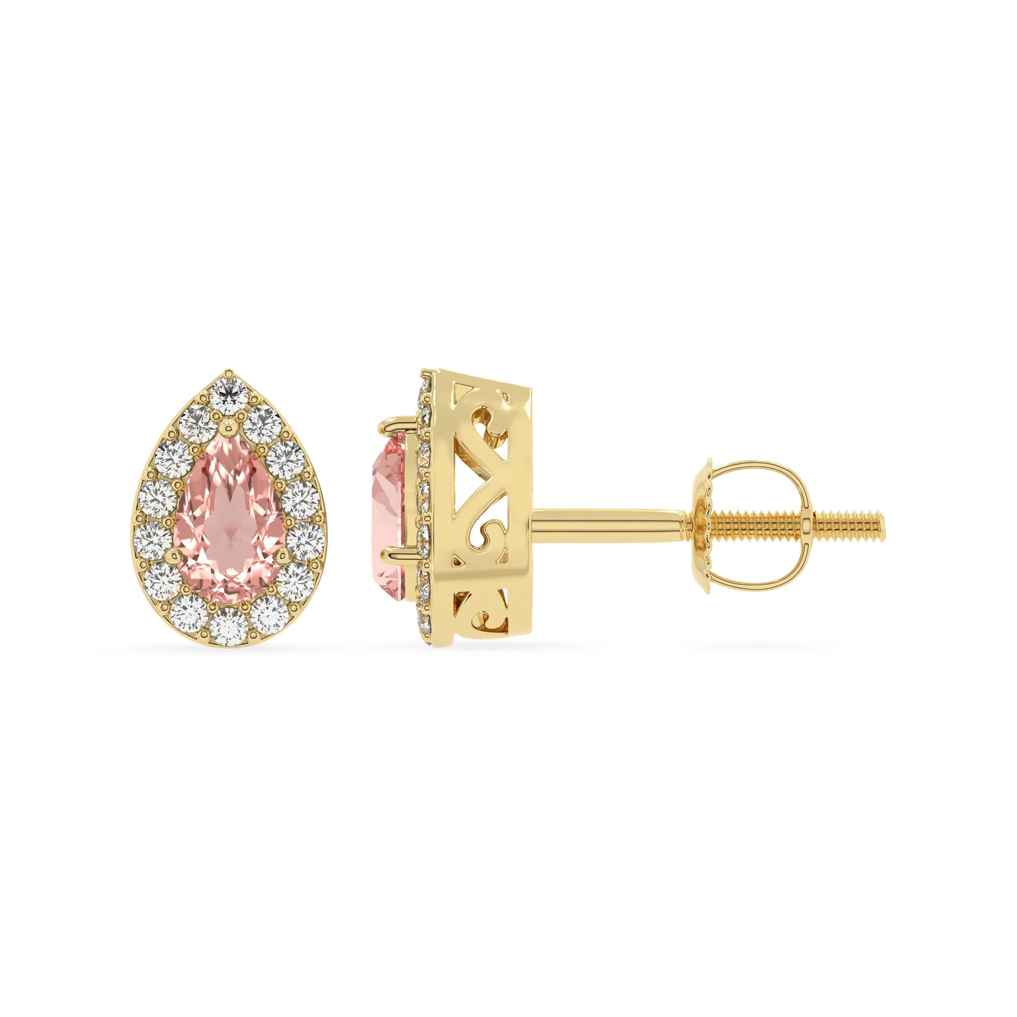 lab grown morganite pear stud earrings in yellow gold 