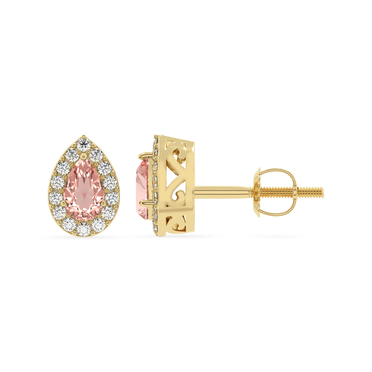 lab grown morganite pear stud earrings in yellow gold 