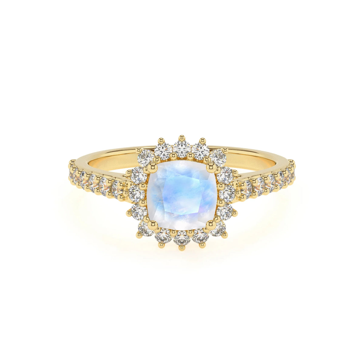 natural rainbow-moonstone cushion solitaire rings in yellow gold 