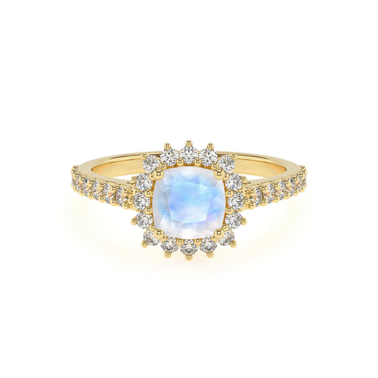 natural rainbow-moonstone cushion solitaire rings in yellow gold 