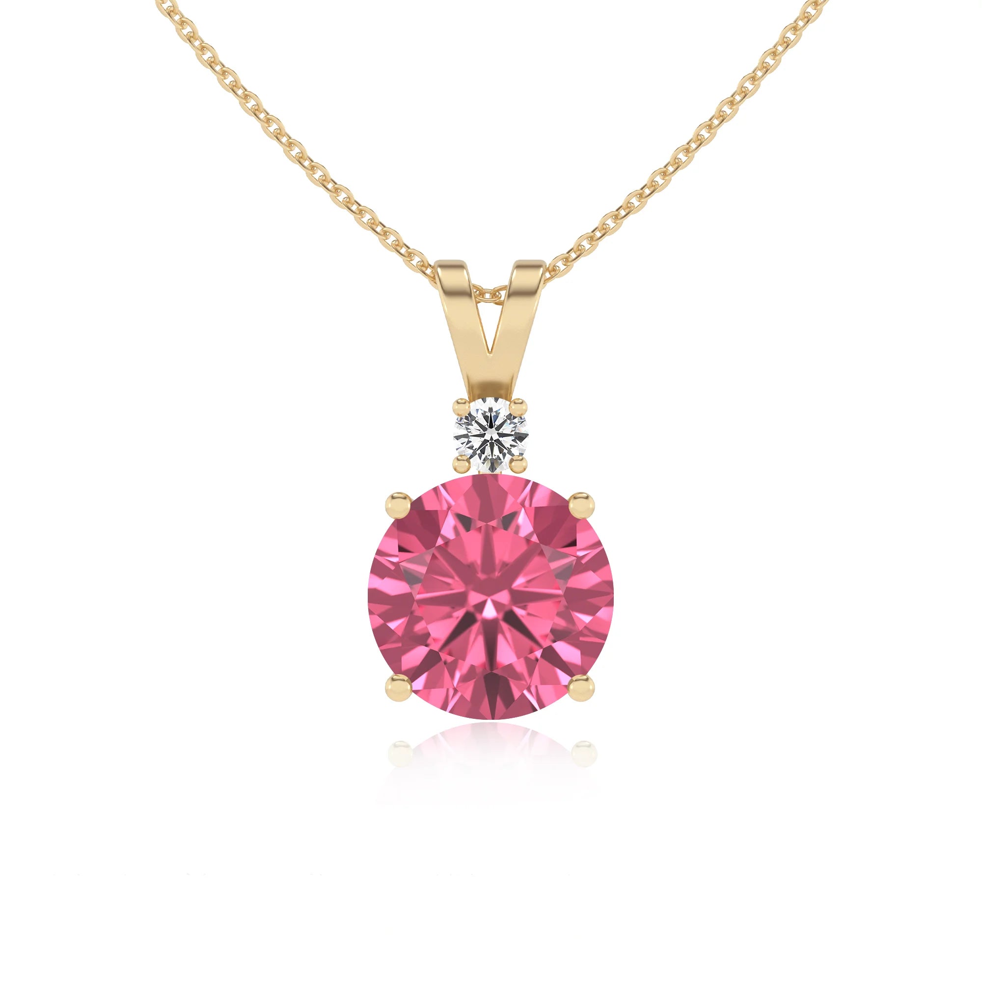lab grown pink-tourmaline round solitaire v-bale necklaces in yellow gold 