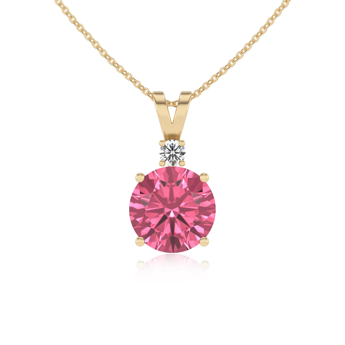 lab grown pink-tourmaline round solitaire v-bale necklaces in yellow gold 
