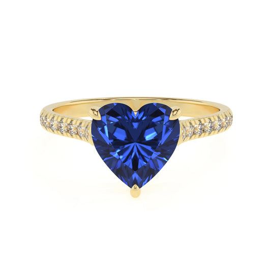 lab grown blue-sapphire heart half eternity solitaire engagement rings in yellow gold 