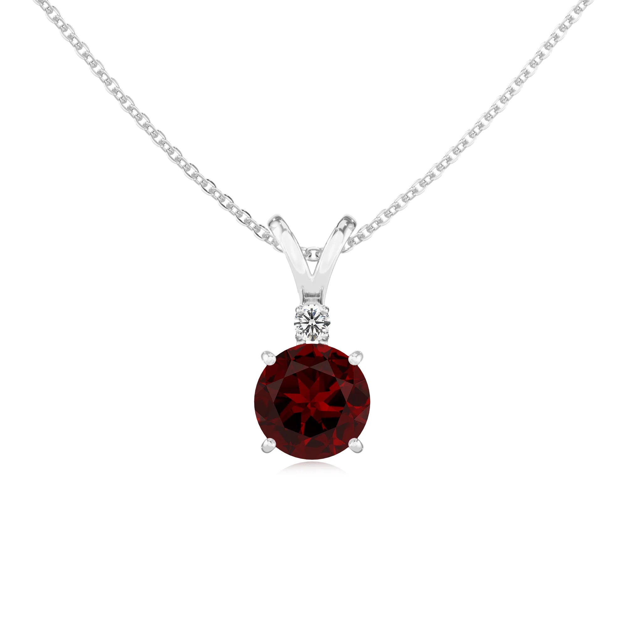 natural garnet round solitaire v-bale necklaces in white gold 