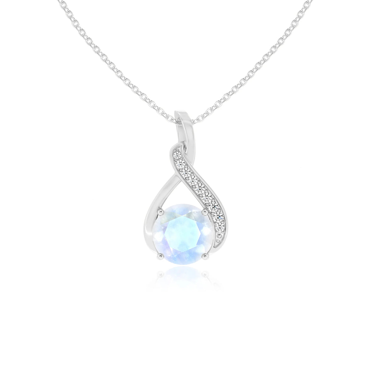 natural rainbow-moonstone round solitaire necklaces in white gold 