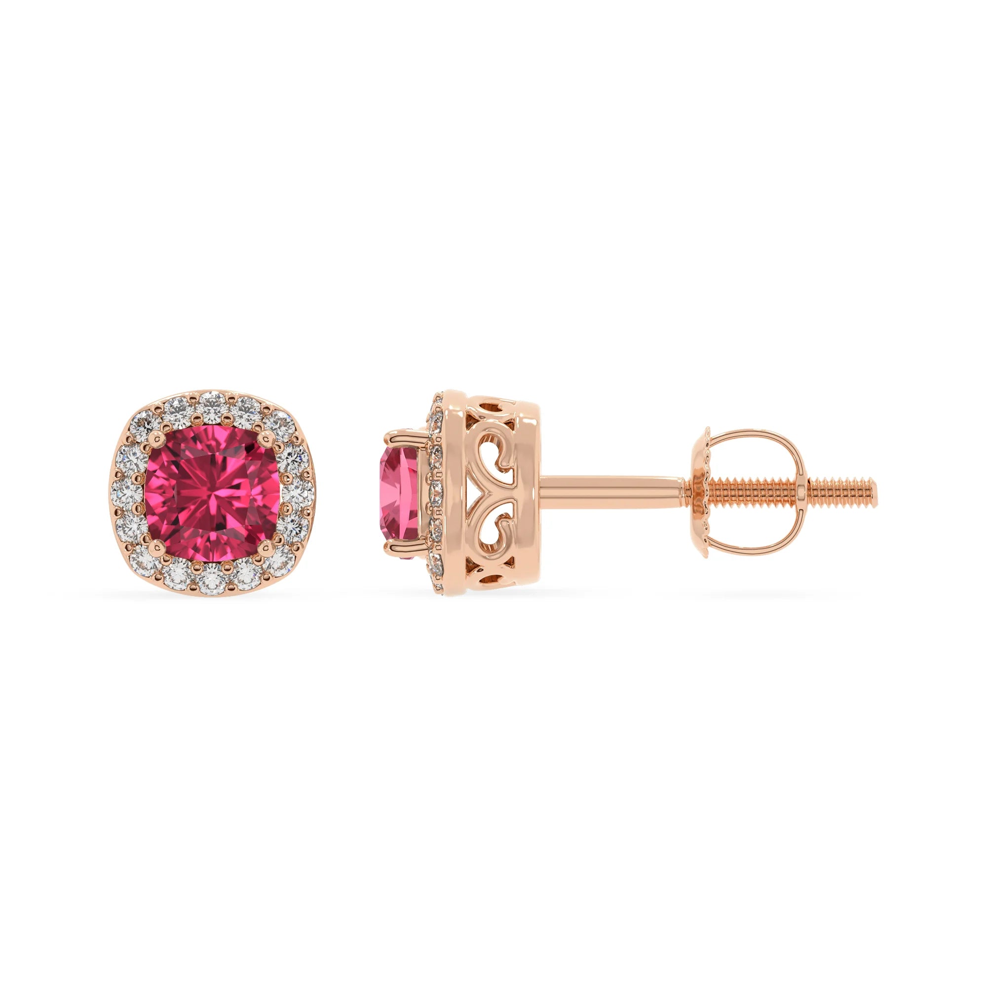 lab grown pink tourmaline cushion stud earrings in rose gold 