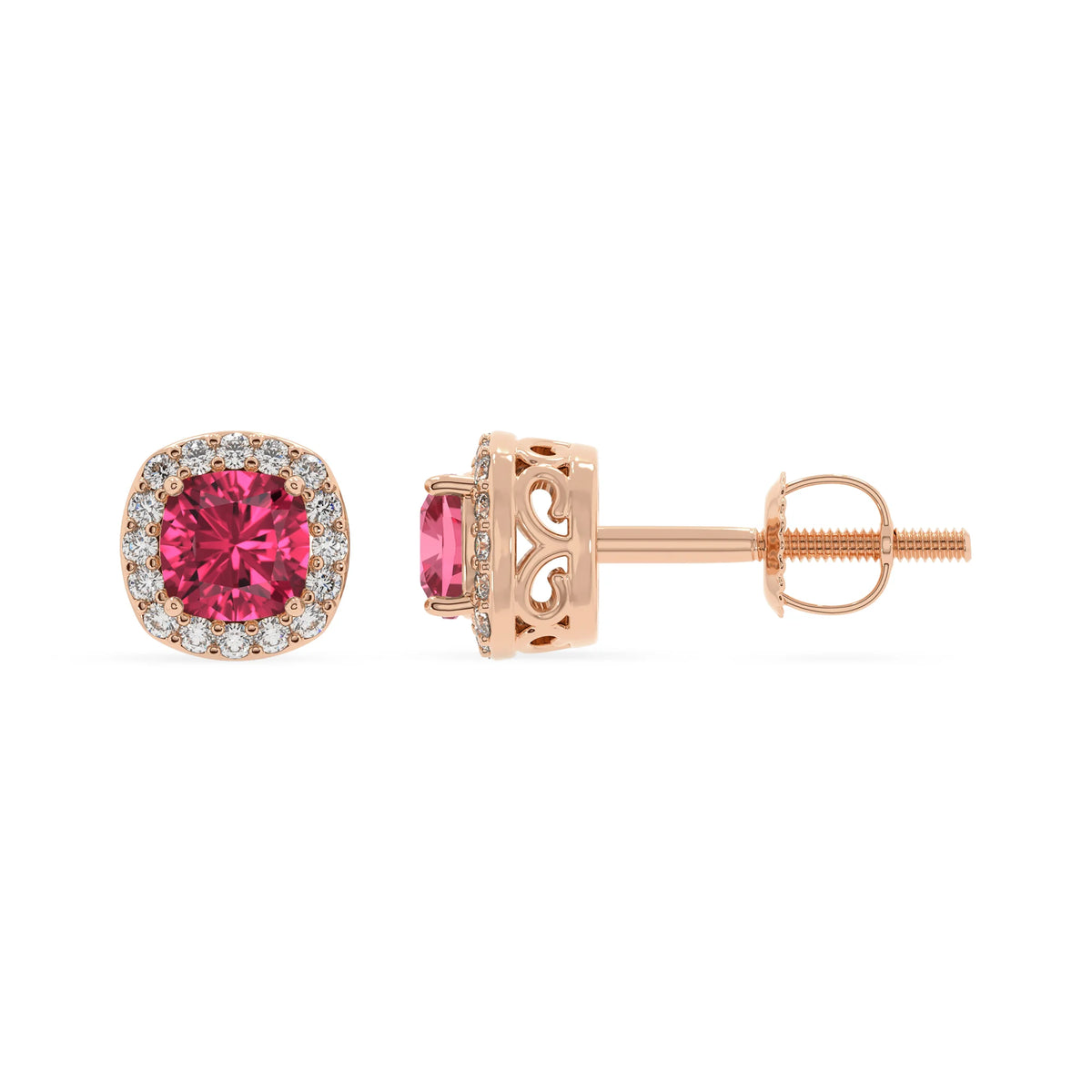 lab grown pink tourmaline cushion stud earrings in rose gold 