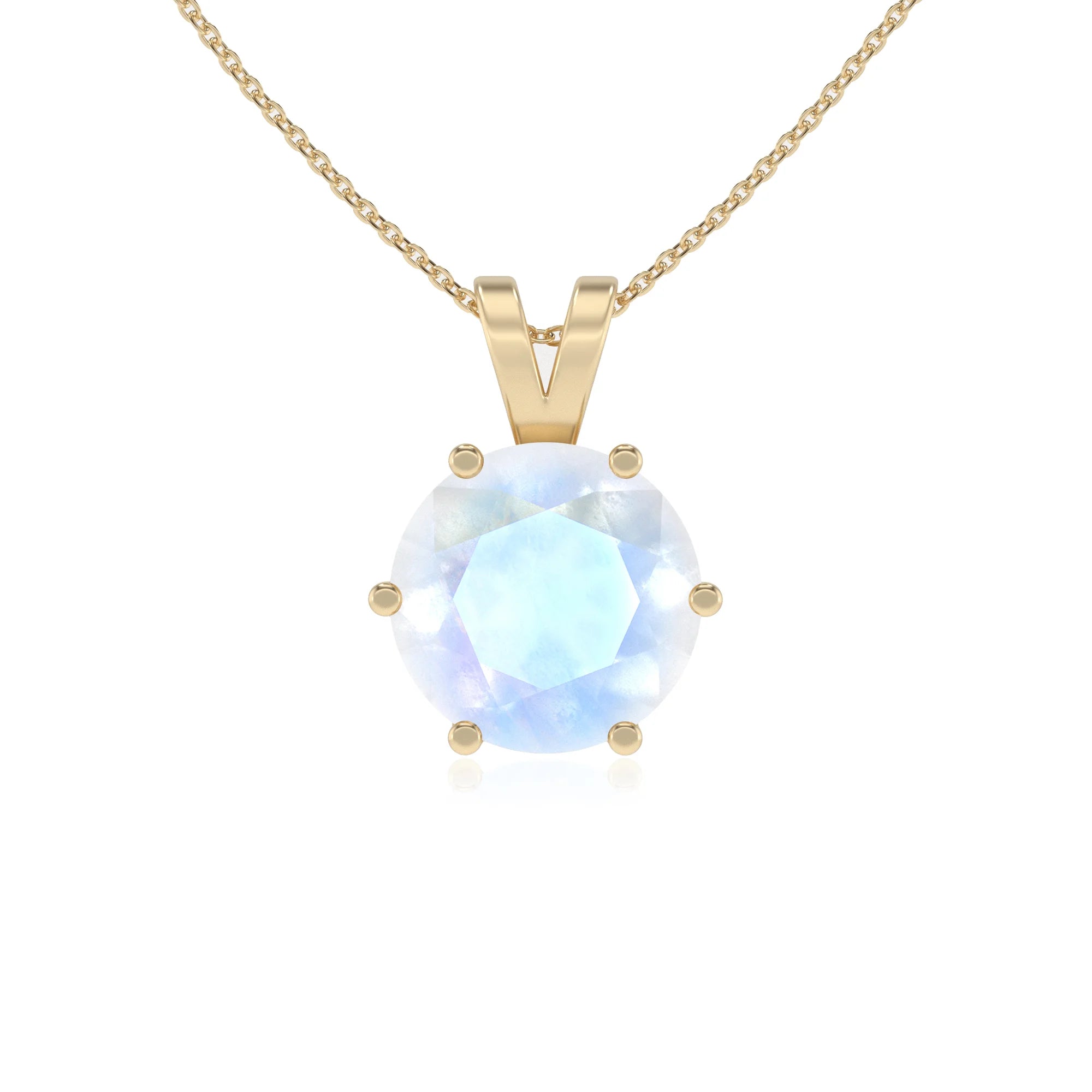 natural rainbow-moonstone round solitaire v-bale necklaces in yellow gold 