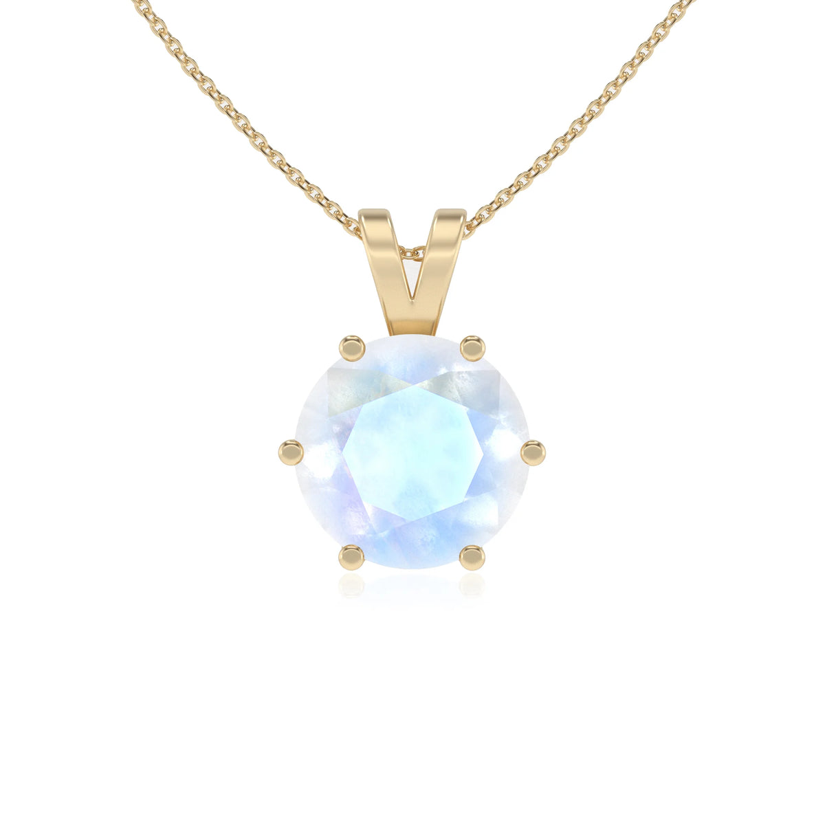 natural rainbow-moonstone round solitaire v-bale necklaces in yellow gold 