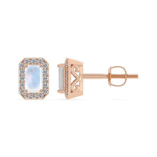 natural rainbow moonstone emerald cut stud earrings in rose gold 