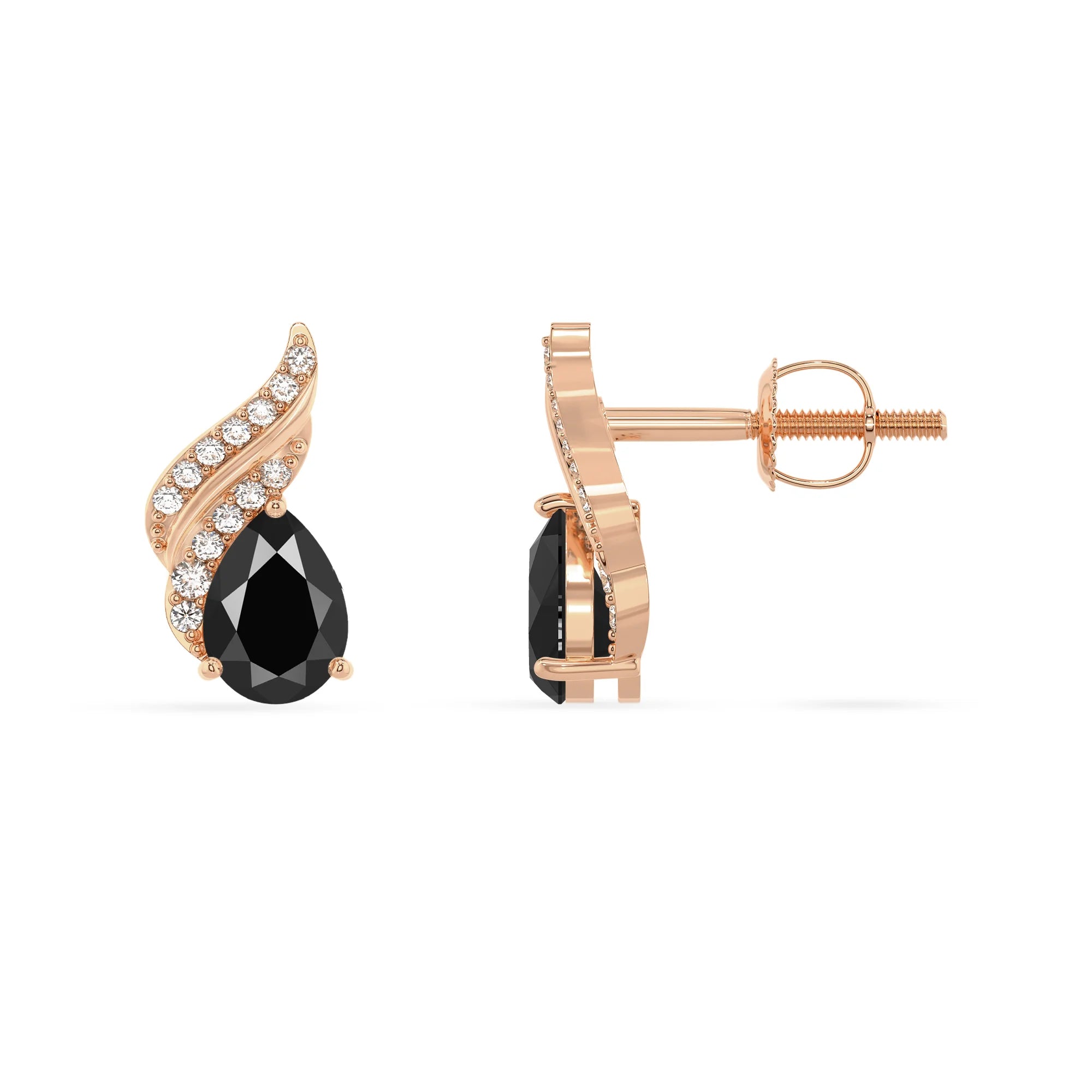 natural black onyx pear stud earrings in rose gold 
