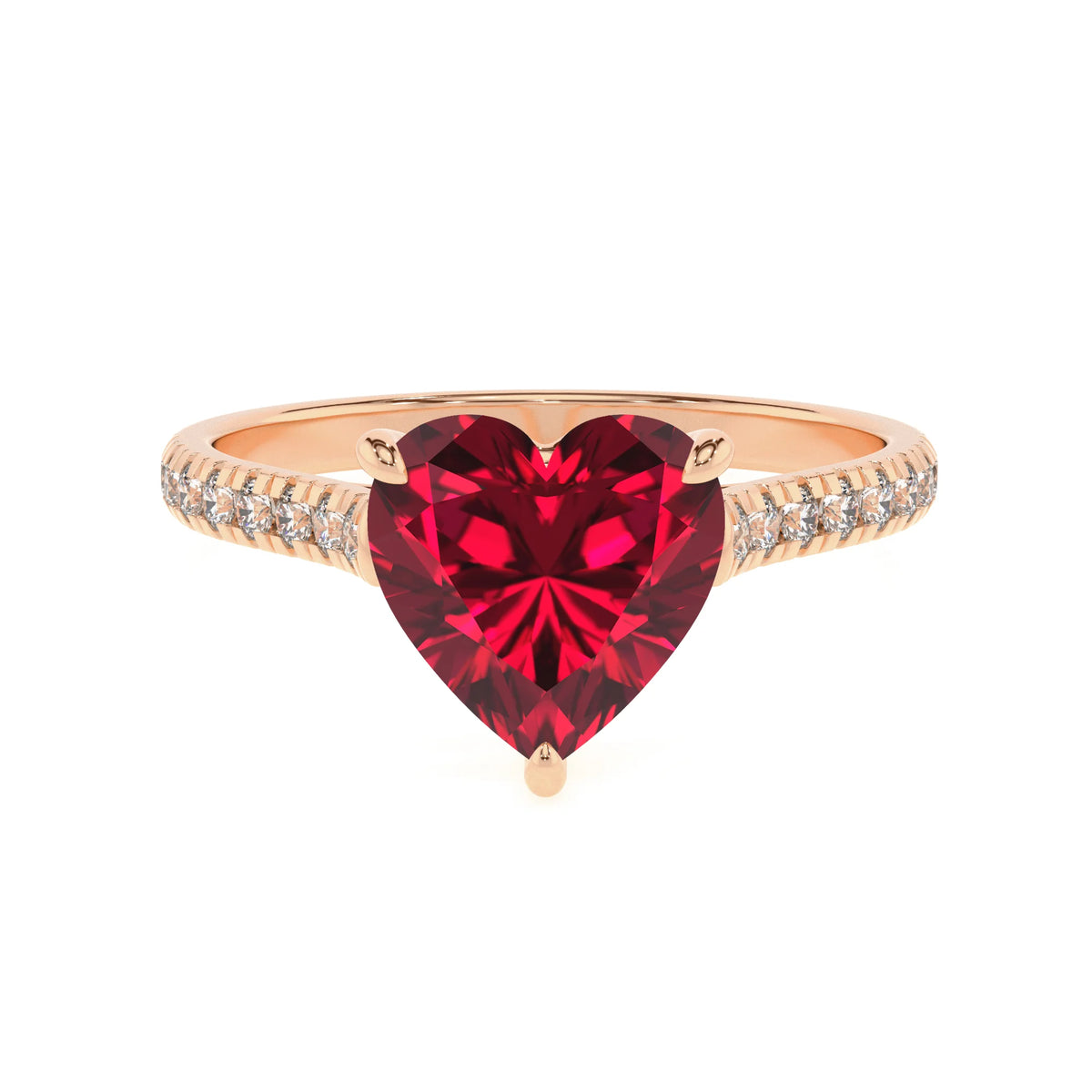 lab grown ruby heart half eternity solitaire engagement rings in rose gold 