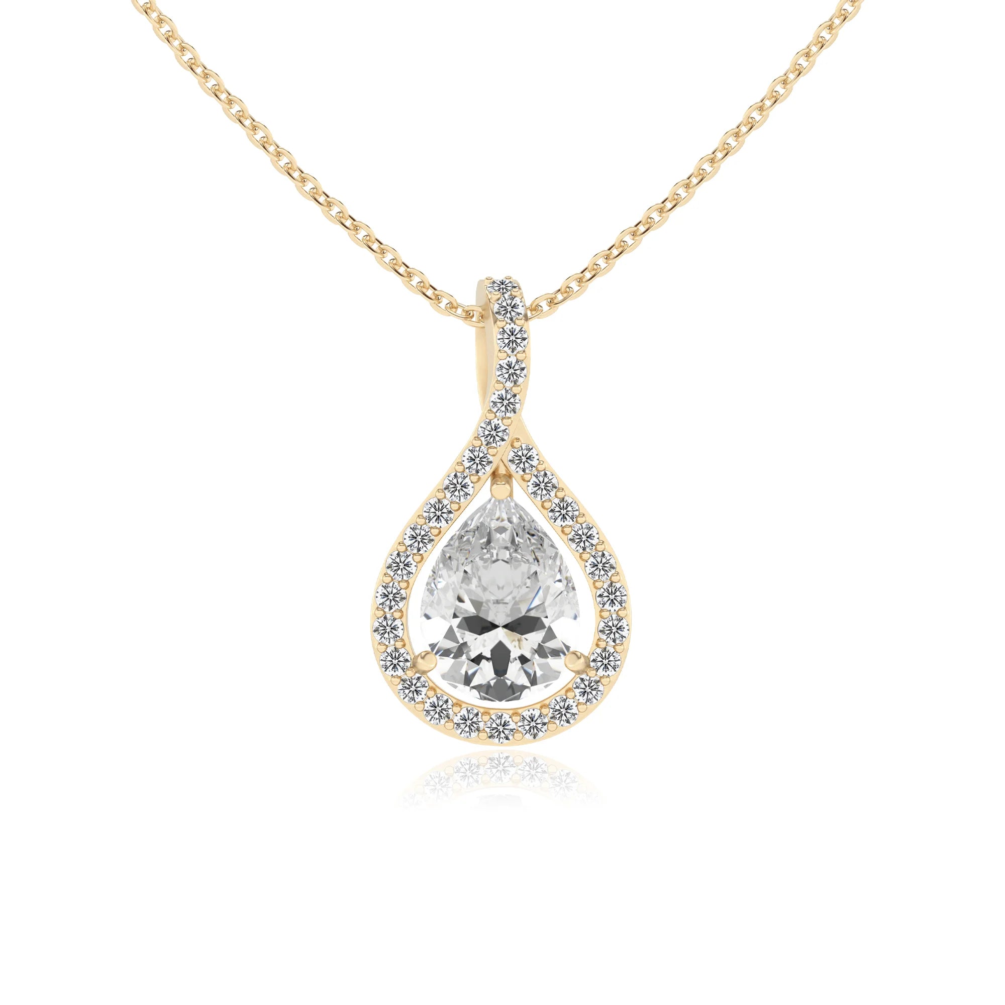 lab grown moissanite pear solitaire necklaces in yellow gold 
