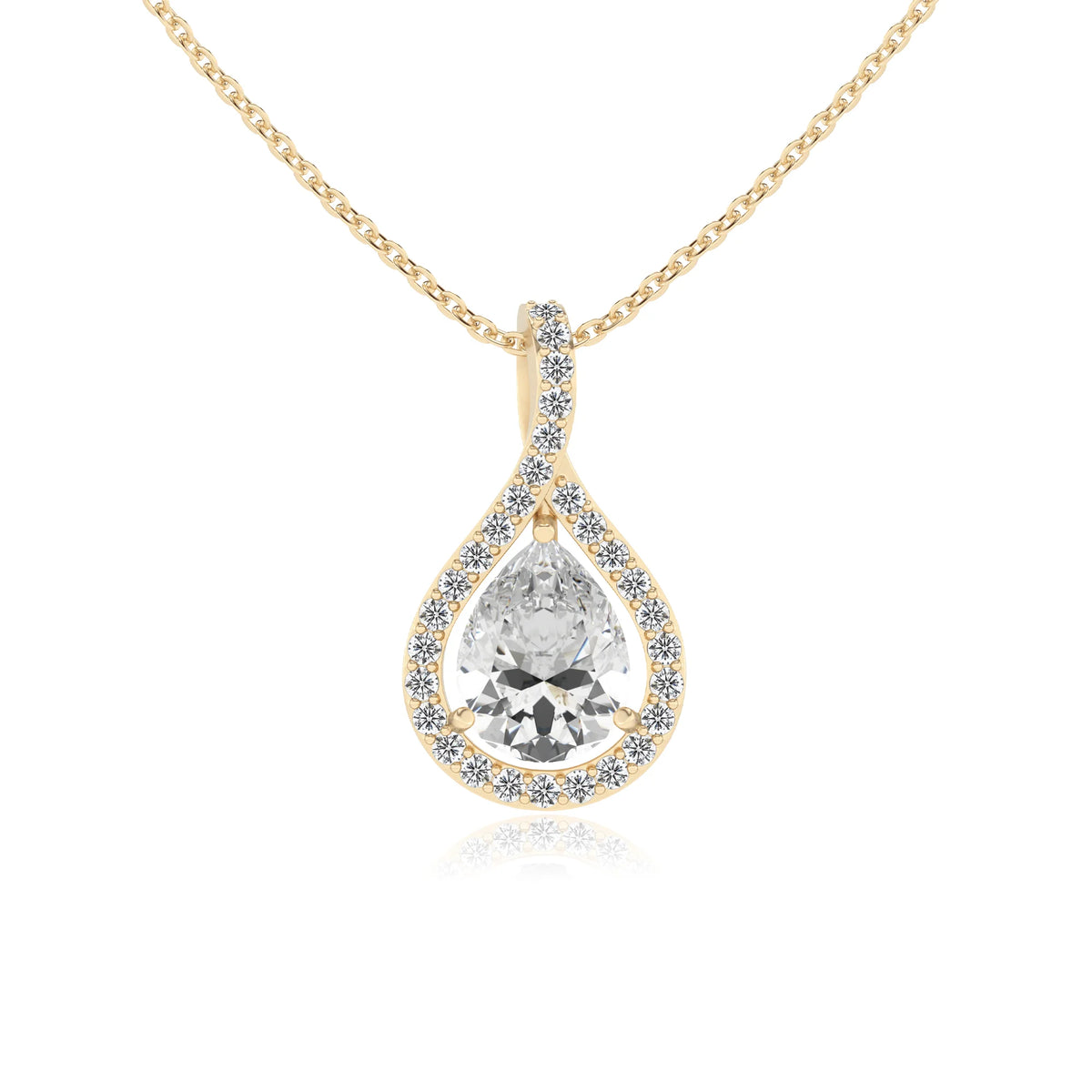 lab grown moissanite pear solitaire necklaces in yellow gold 