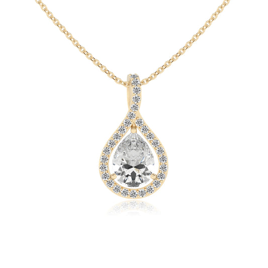 lab grown moissanite pear solitaire necklaces in yellow gold 