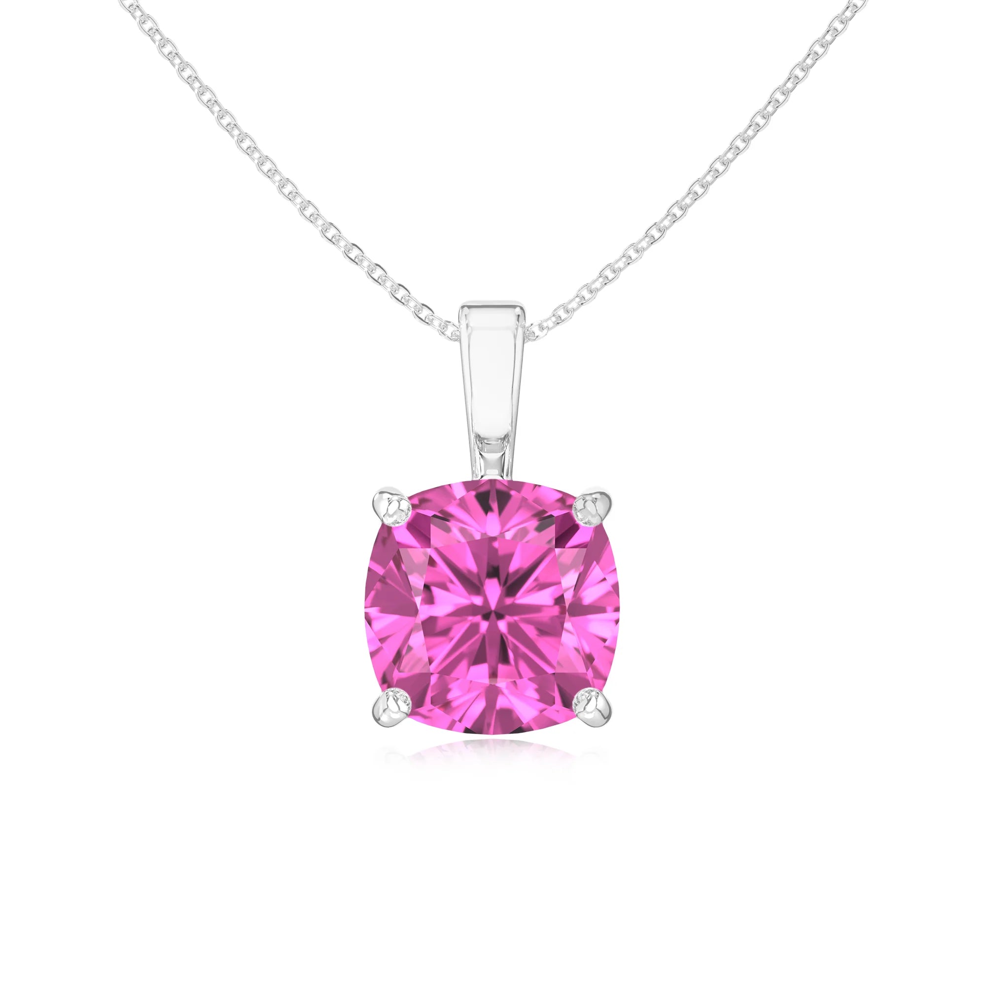 lab grown pink-sapphire cushion solitaire necklaces in sterling silver 