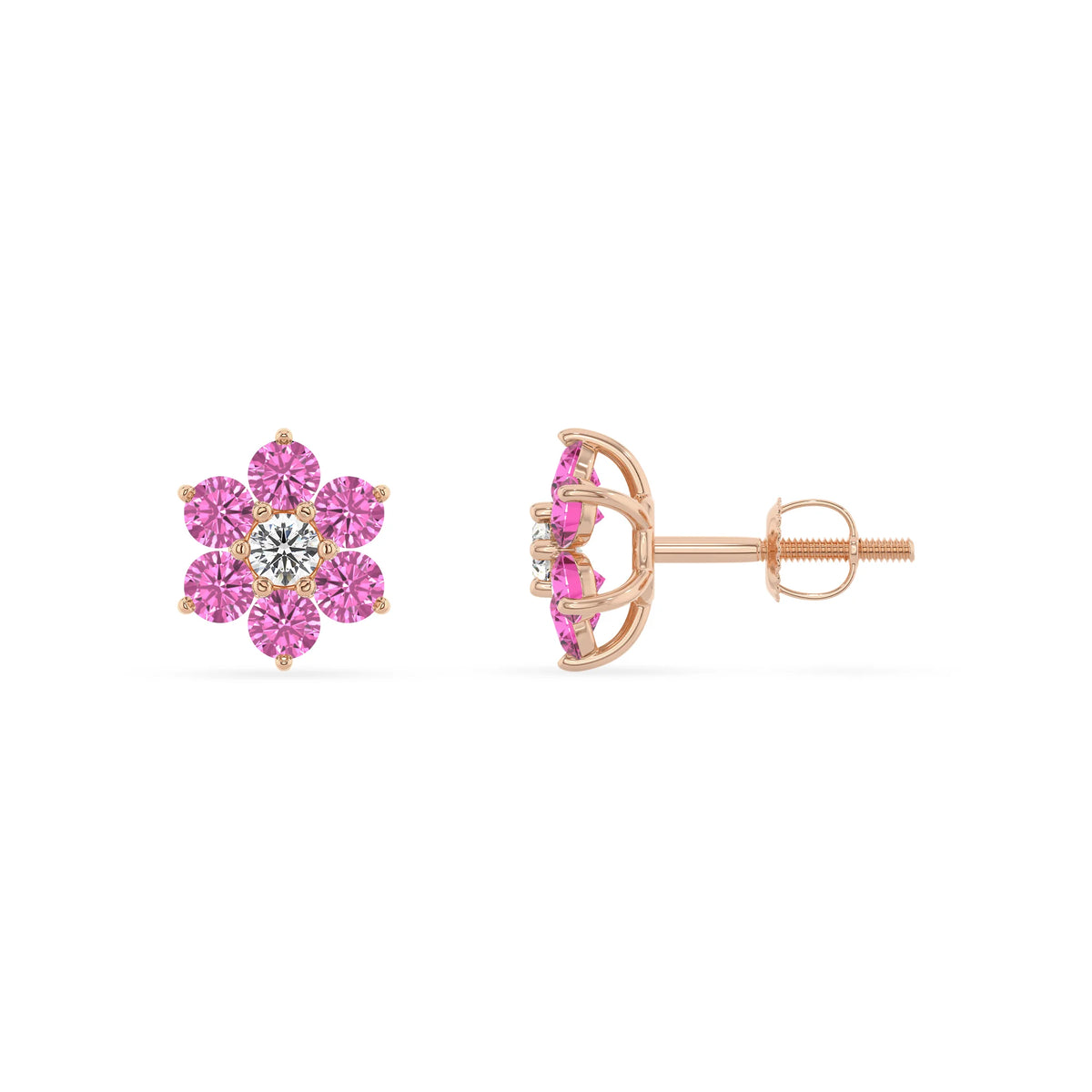 Lab Grown Pink Sapphire Round Stud Earrings with Diamond