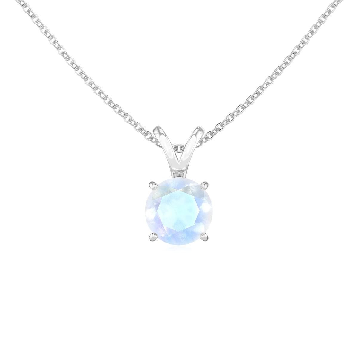 natural rainbow-moonstone round solitaire v-bale necklaces in sterling silver 