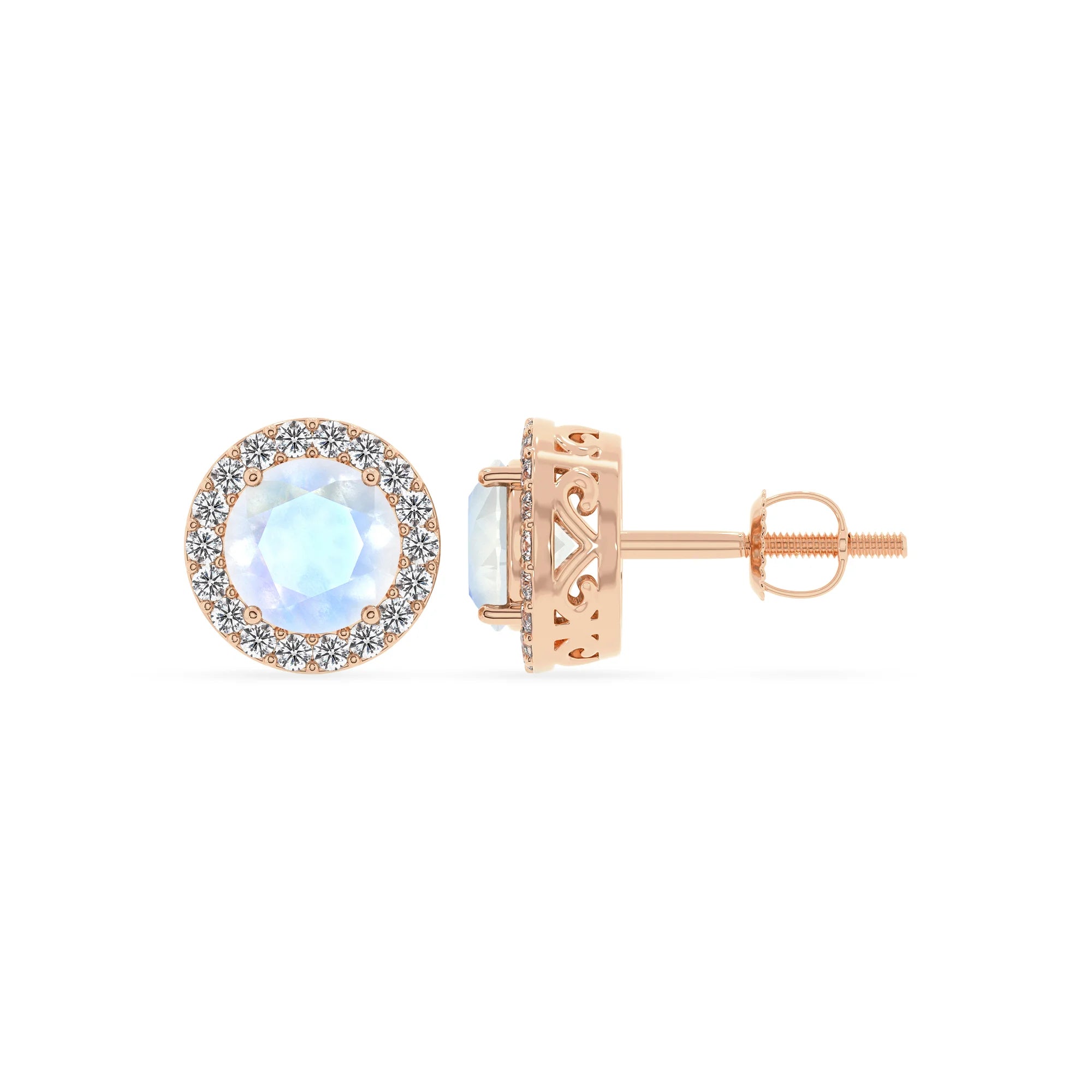 natural rainbow moonstone round stud earrings in rose gold 