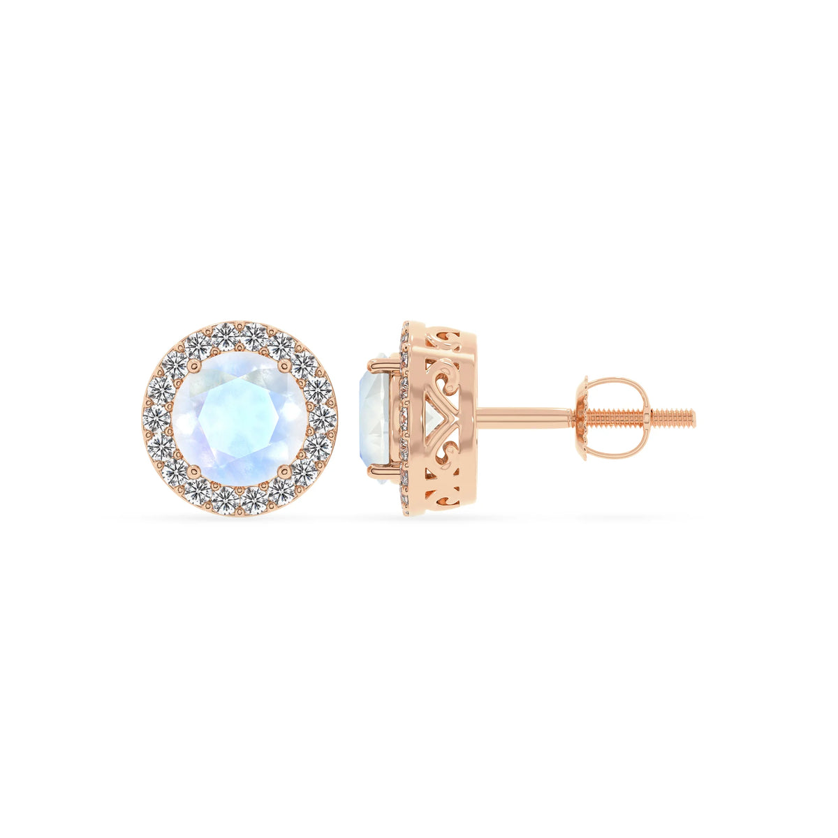 natural rainbow moonstone round stud earrings in rose gold 