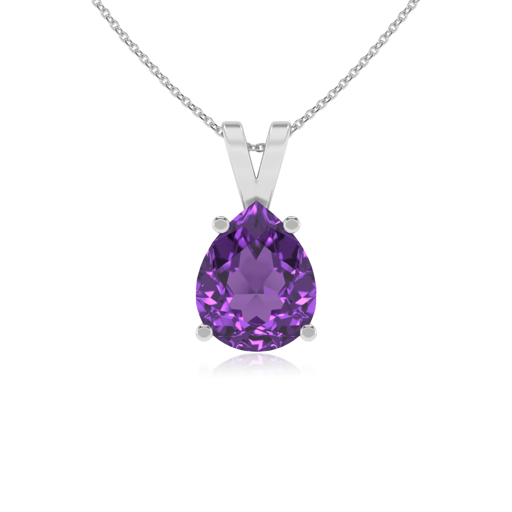 lab grown amethyst pear solitaire v-bale necklaces in white gold 