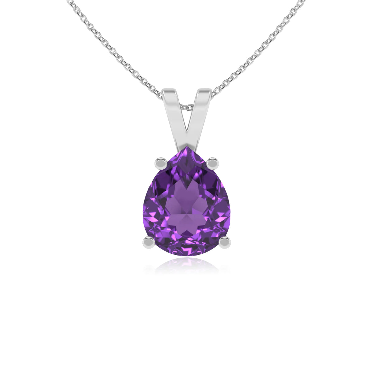 lab grown amethyst pear solitaire v-bale necklaces in white gold 