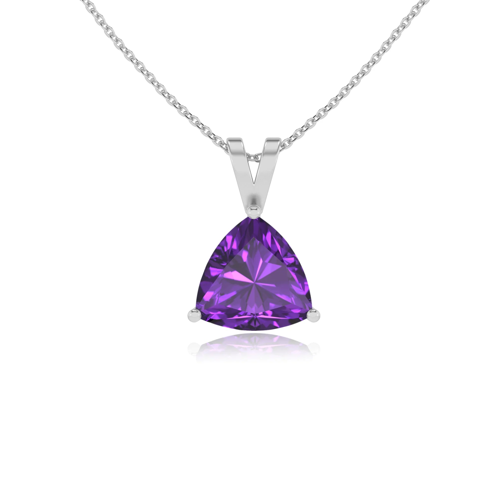 lab grown amethyst trillion solitaire v-bale necklaces in platinum 