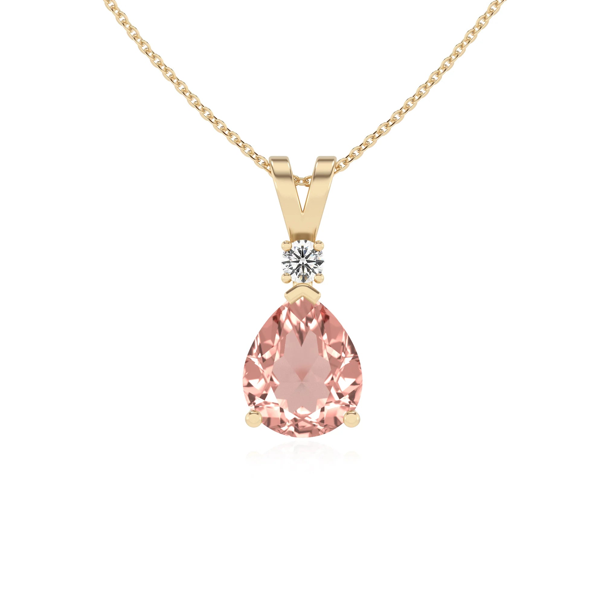 lab grown morganite pear solitaire v-bale necklaces in yellow gold 