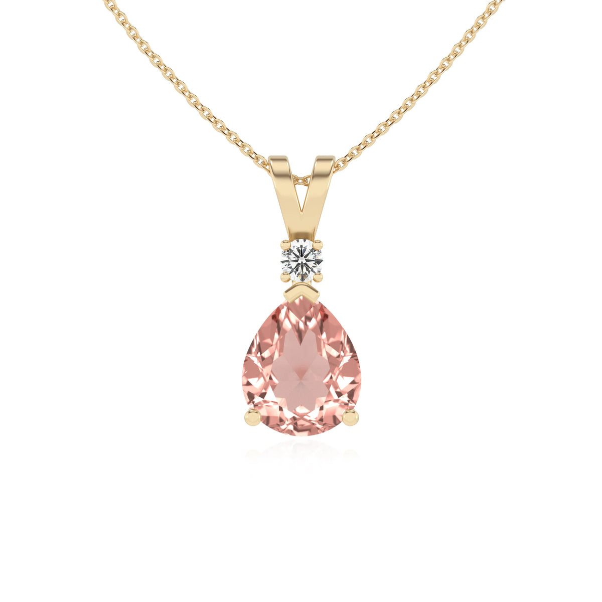 lab grown morganite pear solitaire v-bale necklaces in yellow gold 