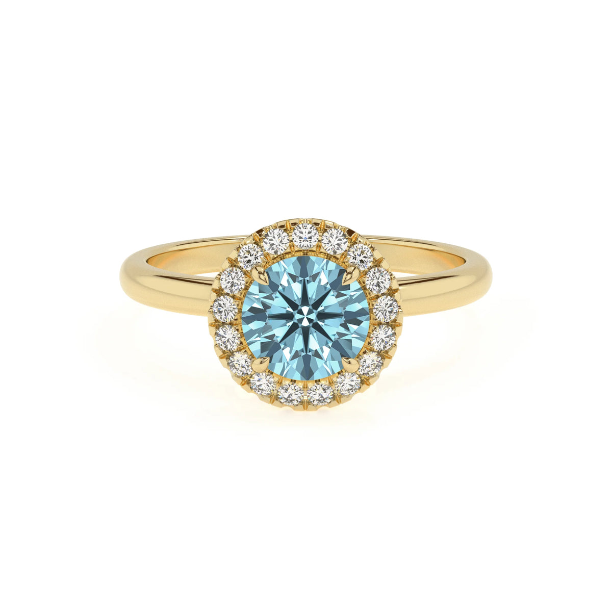 lab grown aquamarine round solitaire rings in yellow gold 