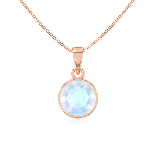 natural rainbow-moonstone round solitaire necklaces in rose gold 