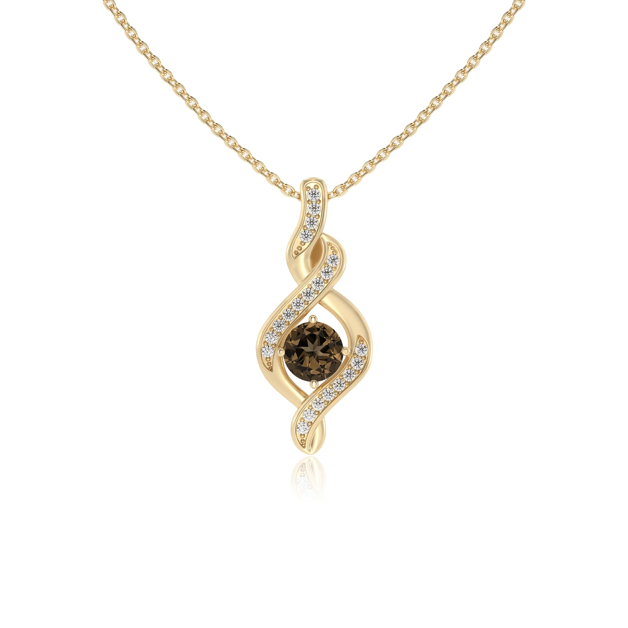 natural smoky-quartz round solitaire necklaces in yellow gold 