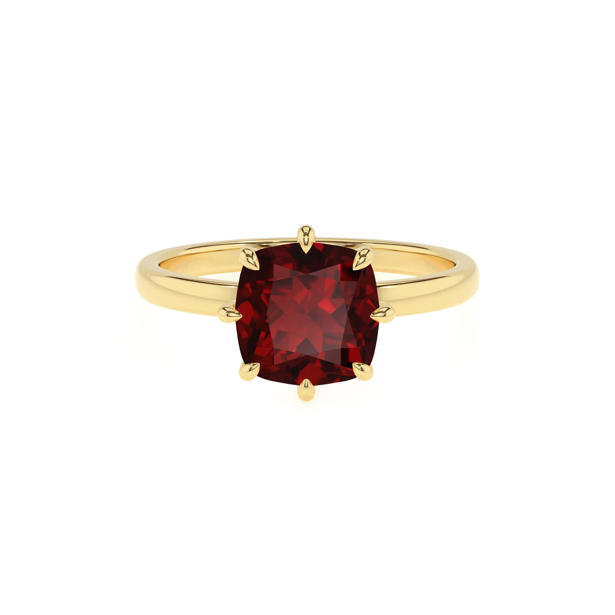 natural garnet cushion solitaire rings in yellow gold 
