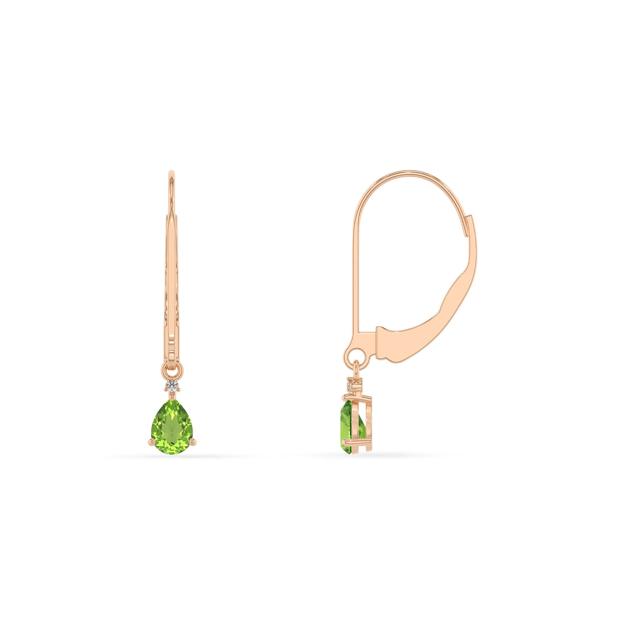 natural peridot pear drop earrings in rose gold 
